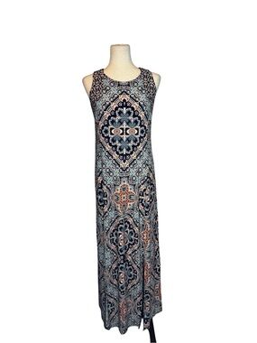 Chico's Sleeveless Navy, Teal & Tan Print Summer Maxi Dress 0/S